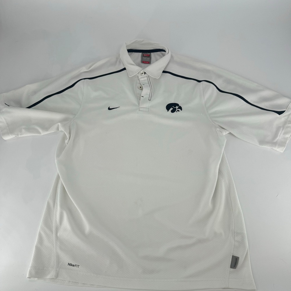 Nike Team Iowa Hawkeyes Polo Shirt Mens Medium White NikeFIT DRY Tigerhawk Logo